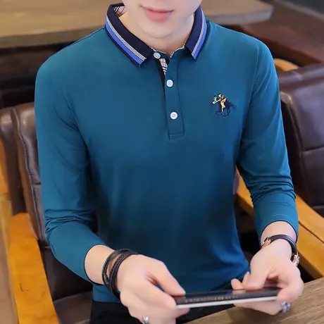 秋季潮流韩版衬衫领长袖POLO衫2022新款有带领长袖T恤男翻领衣服商品大图