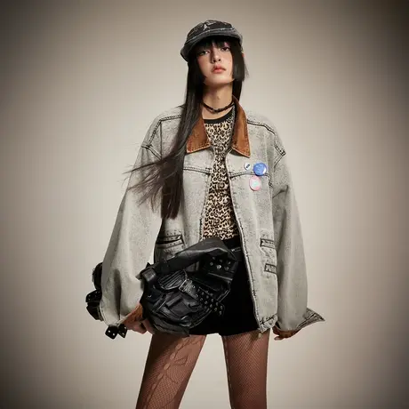 复古拼接贴标牛仔外套女春秋2024年新款街头潮牌宽松oversize夹克商品大图