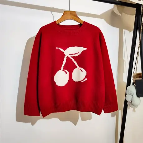 新年红色樱桃毛衣女宽松圆领套头秋冬打底内搭减龄针织衫上衣外穿商品大图
