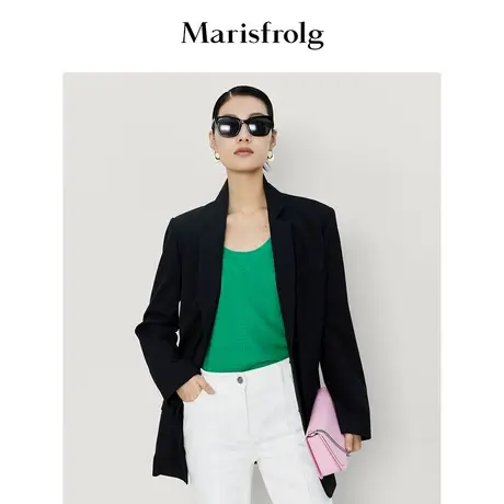 【无压力系列】玛丝菲尔时尚气质平驳领黑色加长款修身西装外套女商品大图