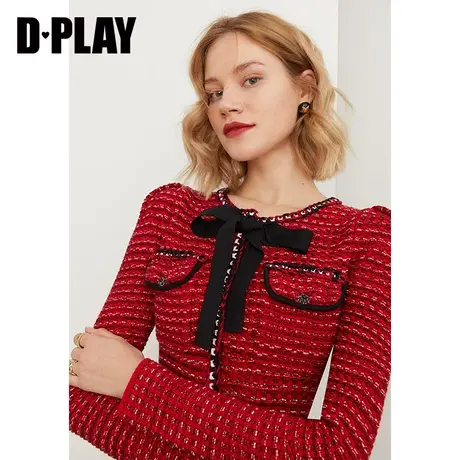 DPLAY【黑标】秋装新小香风甜美车厘子红系带蝴蝶结针织连衣裙图片