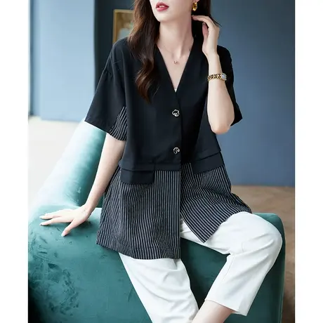 宝诗黎V领条纹拼接落肩五分袖衬衫女2023夏季新款设计感小众上衣商品大图