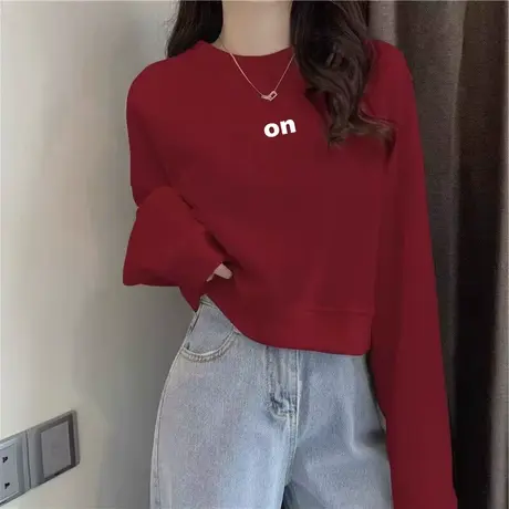 早春新款2024酒红色插肩袖短款撞色卫衣女宽松显瘦打底喜庆上衣潮商品大图