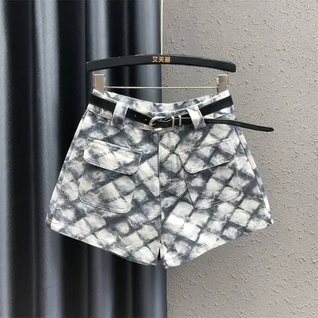 欧货原创撞色格子印花牛仔短裤女春夏新款高腰显瘦a字阔腿裤热裤图片