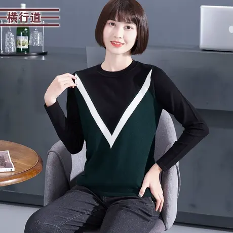 2024春装女士新款圆领撞色长袖针织衫宽松套头羊毛衣大码上衣小衫商品大图