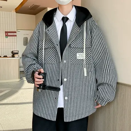条纹外套男士春秋款撞色连帽夹克男港风上衣青少年小香风工装褂子商品大图