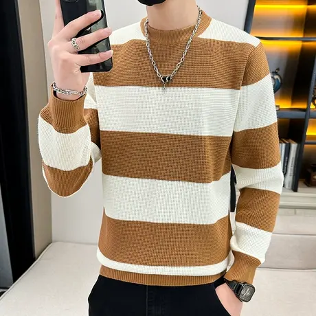 条纹圆领潮流套头修身毛衣男士打底针织衫青少年学生秋季线衣撞色商品大图