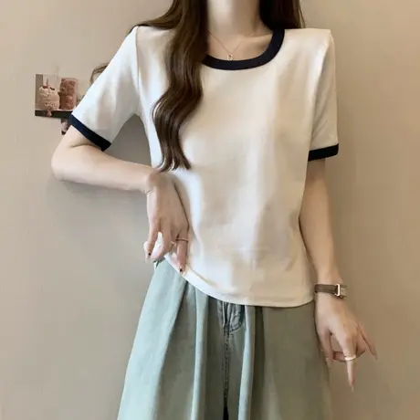 撞色圆领短袖T恤女2024新款夏装韩版修身显瘦百搭学生上衣体恤潮图片