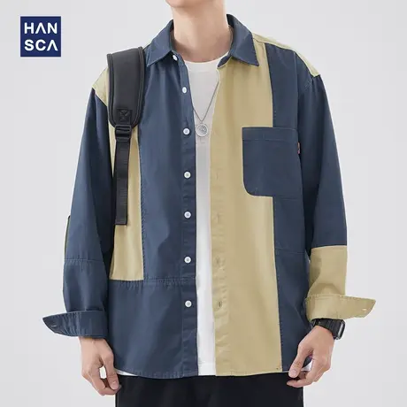 hansca日系拼色翻领长袖衬衫男春季新款复古重磅水洗休闲衬衣外套图片