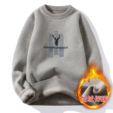 雪尼尔圆领毛衣男宽松秋冬季潮流保暖上衣一体加绒加厚针织打底衫商品大图