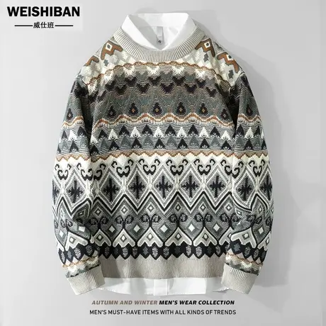 2022冬季新款撞色提花套头毛衣男士圆领宽松加厚慵懒风保暖针织衫商品大图