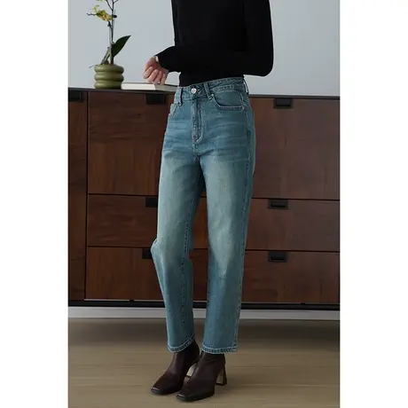 嘉茱莉2023秋季新款直筒牛仔裤女高腰显瘦裤子小个子长裤1OO棉商品大图