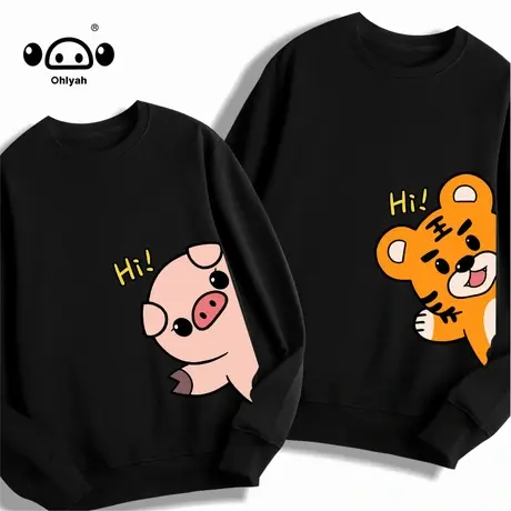 Ohlyah黑色无帽卫衣女春秋薄款2023年新款减龄纯棉国潮牌圆领上衣商品大图