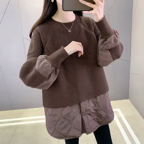 假两件棉服女早春2023新款韩版宽松显瘦针织毛衣拼接加厚套头上衣商品大图