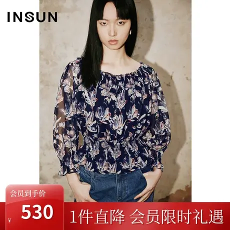 恩裳COVER2023年夏季新款轻薄通透雪纺衫打揽设计两穿式印花衬衫图片