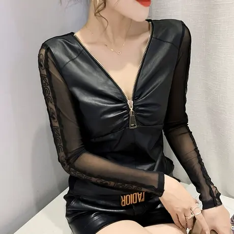 网纱拼接PU上衣女长袖欧货性感拉链V领T恤显瘦气质百搭打底衫春秋商品大图