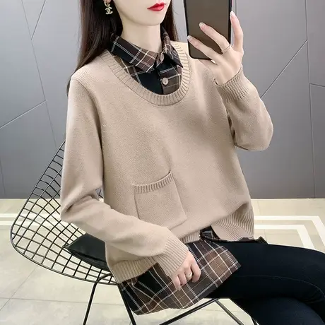 爆款秋季2023新款女装polo领假两件针织衫女宽松显瘦毛衣上衣秋冬图片