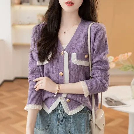 秋季2023新款v领毛衣针织开衫外套女宽松短款小个子短款设计感女商品大图