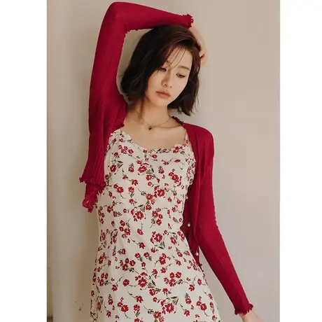 弥古红色冰丝针织衫薄款小开衫女夏季木耳边防晒衫吊带裙外搭罩衫图片