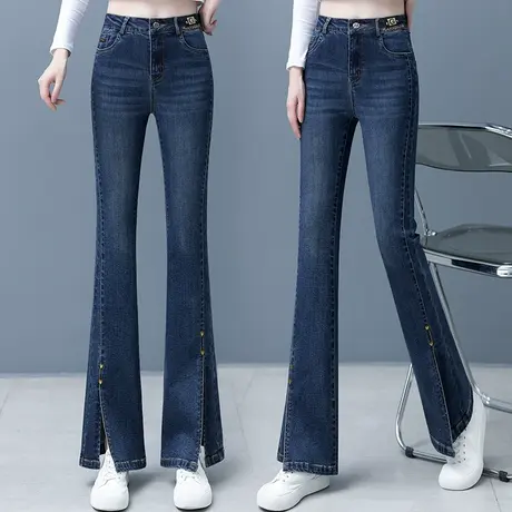 深蓝色开叉牛仔裤女秋设计感小众高腰直筒高街显瘦喇叭裤子潮ins图片