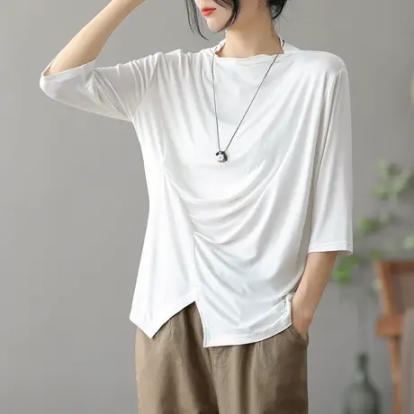 dza七分袖不规则t恤女士纯棉宽松中袖体恤新款秋季短款开叉打底衫商品大图