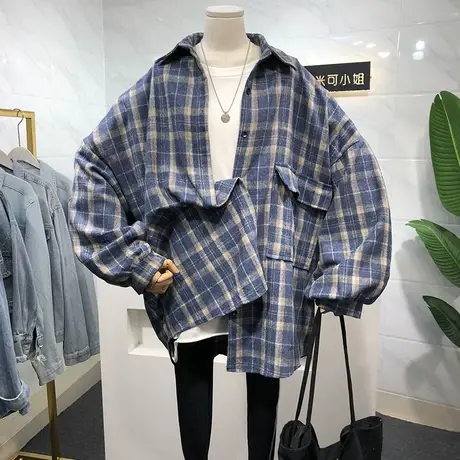 格子衬衫女2022新款秋冬宽松韩版设计感小众法式长袖别致上衣外套图片