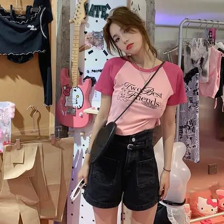 大码胖妹妹美式复古卡通印花撞色插肩袖t恤女夏辣妹短款正肩上衣商品大图