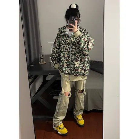 美式复古卫衣女春秋oversize小众高街潮牌ins慵懒风薄款开衫外套图片