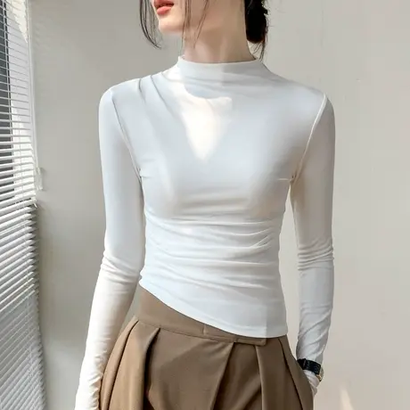 蓝色半高领打底衫女2023早秋新款修身纯色西装内搭正肩长袖上衣商品大图