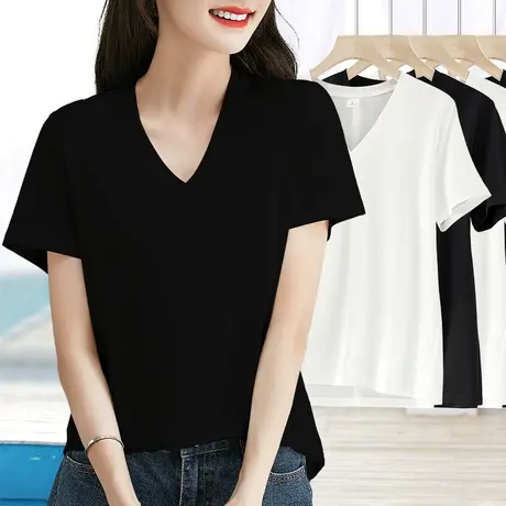 女士正肩短袖深v鸡心领净色显瘦上衣简约夏季新款外穿宽松t恤薄款商品大图