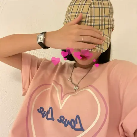 红续爱心小众设计感盐系少女温柔慵懒风新款韩版宽松纯棉短袖T恤图片