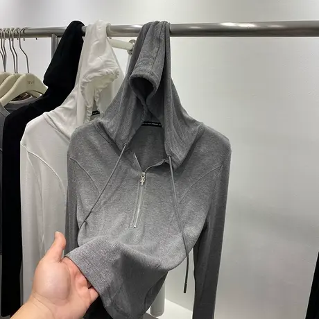2023春装新款短款薄款纯色长袖套头连帽拉链上衣卫衣女修身显瘦潮商品大图