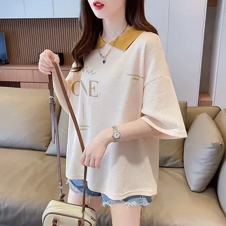 设计感小众华夫格短袖t恤女夏季韩版宽松大码polo领假两件上衣服图片