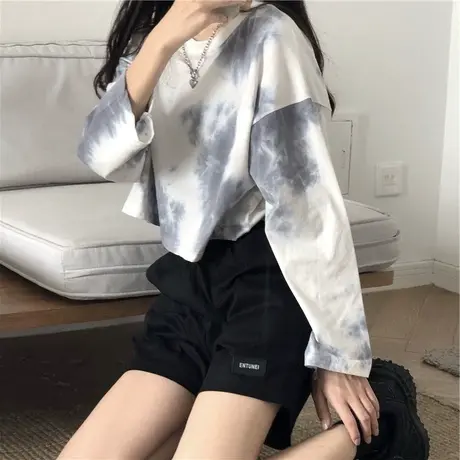 ins超火高腰长袖t恤女春秋韩版潮设计感蓝白扎染短款露脐宽松上衣商品大图