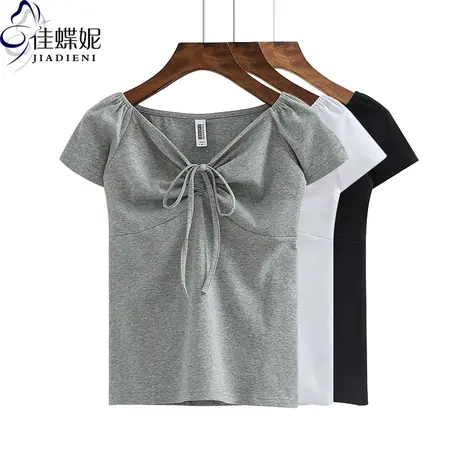 夏季新款韩版纯棉修身显瘦V领抽绳小心机泡泡袖短袖体恤上衣女装商品大图