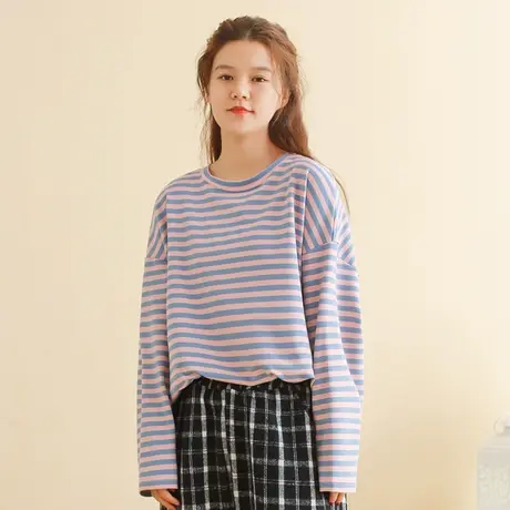 胖妹妹秋季文艺复古纯棉条纹针织衫 大码微胖宽松显瘦圆领长袖T恤商品大图