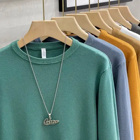 肌理感秋季纯色圆领长袖毛衣男韩版修身针织衫线衫男百搭打底衫潮商品大图