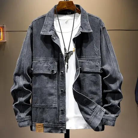 牛仔外套男秋冬季潮牌宽松黑色男士工装夹克大码韩版潮流百搭衣服图片