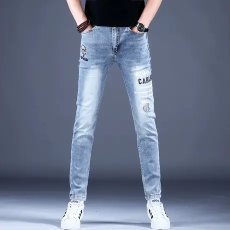 蓝色刺绣花牛仔裤男款高端潮牌2023新款秋季潮流裤子男士修身小脚商品大图