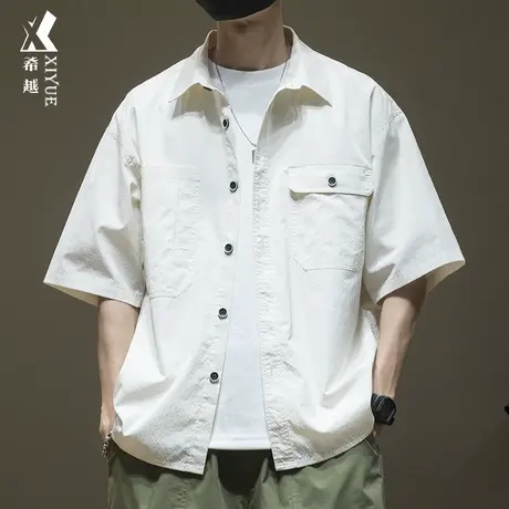 潮流日系冰丝短袖衬衫男高弹力浅色衬衣宽松大码夏季开衫休闲外套商品大图