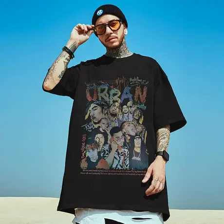 重磅潮牌宽松T恤美式嘻哈短袖男士加肥加大纯棉大码男装夏季半袖商品大图