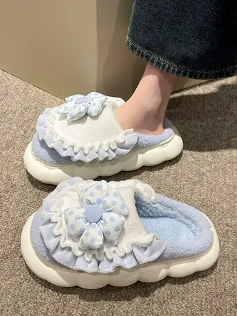 网红厚底棉拖鞋女外穿2023秋冬新款室内居家甜美花朵包头毛毛拖鞋商品大图