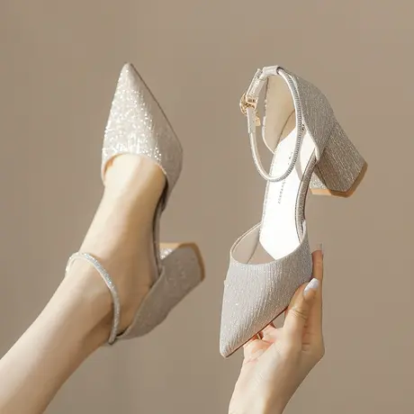 法式少女尖头高跟鞋女粗跟2023年新款性感水钻一字带中空宴会单鞋商品大图