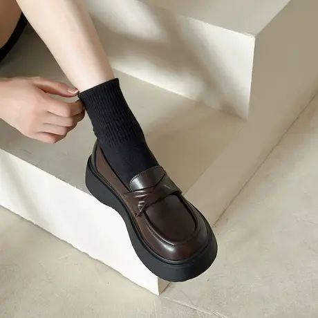 厚底乐福鞋女秋季2024新款单鞋子一脚蹬皮鞋女款学生英伦风小皮鞋商品大图