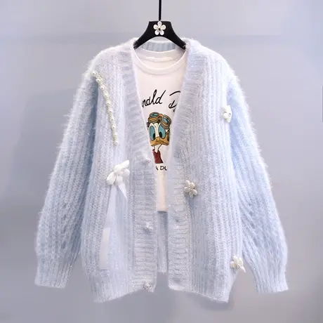 小清新钉珠设计感毛衣外套女2023春装新款宽松慵懒风洋气针织开衫商品大图