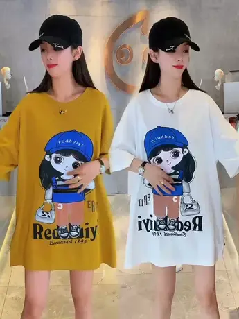 大码短袖t恤女中长款2023夏季新款印花拉链口袋宽松百搭遮肉上衣图片