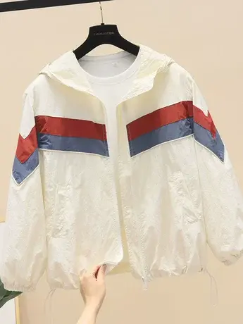 宽松条纹拼色冲锋衣外套女2023春夏新款休闲薄款运动服上衣开衫潮商品大图