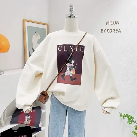 韩国东大门加绒圆领上衣秋冬款ins复古兔子长袖卫衣加厚宽松大码图片