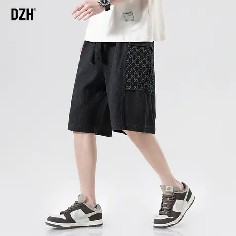 男士黑色牛仔短裤男潮牌松紧腰2023年新款宽松中裤五分裤夏季男裤商品大图