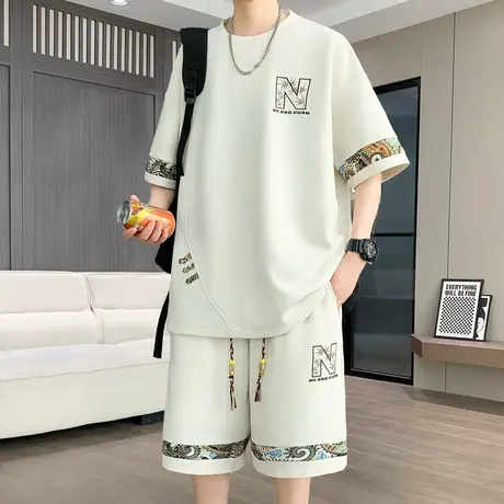 夏季华夫格t恤套装男宽松潮牌休闲青年学生短袖长裤一套运动衣服商品大图